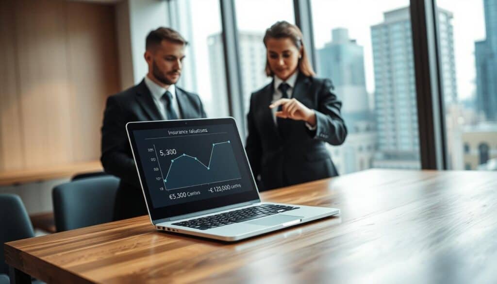 A professional business setting depicting a comparative analysis of valuation times. In the foreground, a polished wooden table with a laptop open to a graph comparing insurance valuations: €5,300 vs. €12,000. In the middle, two business professionals, a man and a woman, both in smart business attire, engaged in a discussion, pointing at the graph with focused expressions. The background features a modern office with large windows allowing natural light to illuminate the scene, highlighting a cityscape outside. The atmosphere is serious and analytical, with a slight blur to emphasize the professionals and the graph, creating a depth of field effect. The color palette is neutral with a touch of corporate blue to reinforce professionalism. A professional business setting depicting a comparative analysis of valuation times. In the foreground, a polished wooden table with a laptop open to a graph comparing insurance valuations: €5,300 vs. €12,000. In the middle, two business professionals, a man and a woman, both in smart business attire, engaged in a discussion, pointing at the graph with focused expressions. The background features a modern office with large windows allowing natural light to illuminate the scene, highlighting a cityscape outside. The atmosphere is serious and analytical, with a slight blur to emphasize the professionals and the graph, creating a depth of field effect. The color palette is neutral with a touch of corporate blue to reinforce professionalism.