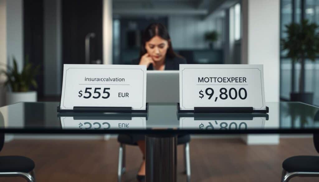 A professional, informative scene comparing two distinct financial evaluations. In the foreground, a sleek glass table displays two documents labeled "Insurance Valuation: 5,555 EUR" and "MOTOEXPERT Valuation: 9,800 EUR", arranged side by side for easy comparison. The middle ground features a confident businesswoman in smart attire, thoughtfully examining the documents with a laptop beside her. In the background, a blurred office environment conveys a sense of professionalism, with soft lighting illuminating the table, casting subtle shadows that enhance the atmosphere of contemplation. The overall mood is serious and analytical, focusing on financial decision-making and valuation comparison.