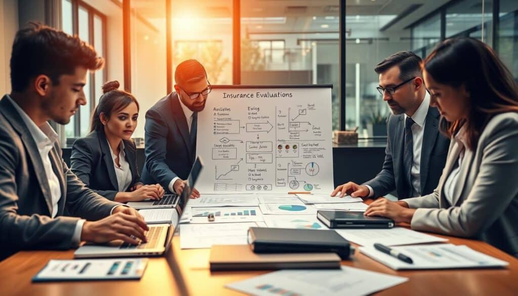 A professional insurance evaluation setting, featuring a diverse group of three business professionals in smart business attire engaged in discussion over a large table filled with documents and laptops displaying data charts and graphs. The foreground shows a clear focus on their focused expressions and gestures as they analyze the information. In the middle, a detailed whiteboard is visible, filled with flowcharts and key points outlining the valuation process. The background features warm, bright office lighting highlighting a modern office space with large windows letting in natural light, creating an atmosphere of collaboration and trust. The image captures the essence of a thorough and professional insurance valuation process. A professional insurance evaluation setting, featuring a diverse group of three business professionals in smart business attire engaged in discussion over a large table filled with documents and laptops displaying data charts and graphs. The foreground shows a clear focus on their focused expressions and gestures as they analyze the information. In the middle, a detailed whiteboard is visible, filled with flowcharts and key points outlining the valuation process. The background features warm, bright office lighting highlighting a modern office space with large windows letting in natural light, creating an atmosphere of collaboration and trust. The image captures the essence of a thorough and professional insurance valuation process.