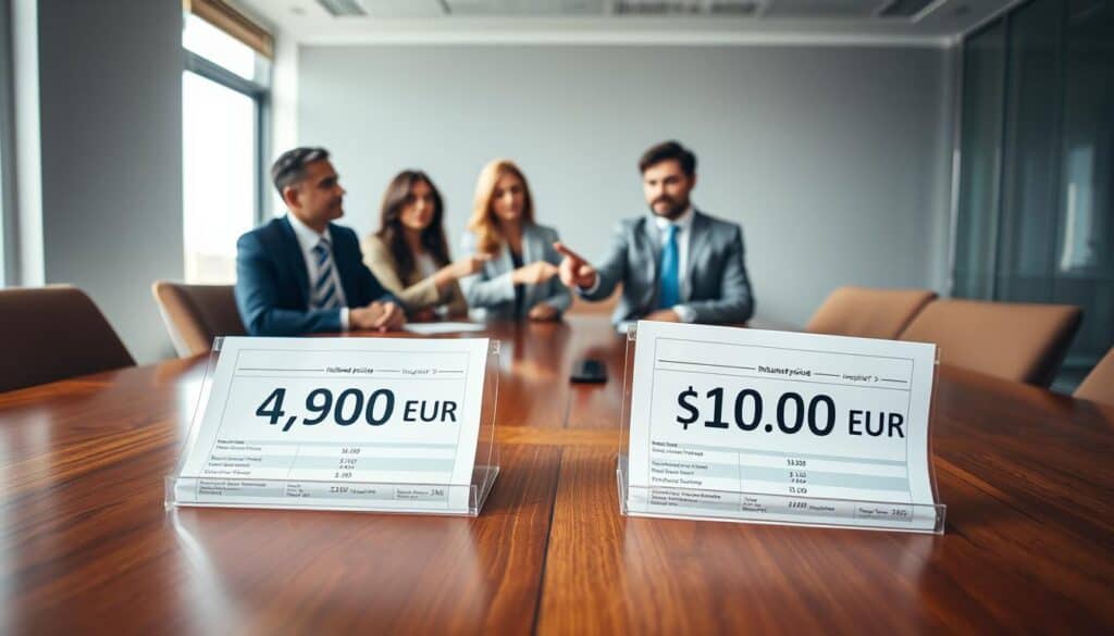 A professional meeting space showcasing a detailed analysis of insurance pricing. Foreground features a polished wooden conference table with two financial reports, one labeled "4,900 EUR" and the other "10,200 EUR", both presented side by side for comparison. In the middle ground, a diverse group of three individuals in business attire engaged in a discussion, pointing at the documents, with expressions of focus and contemplation. The background includes a large window with natural light streaming in, illuminating the room and creating a bright but serious atmosphere. The composition should emphasize clarity and decision-making, with a slightly angled perspective to enhance depth. Soft shadows and a warm color palette reinforce a professional, analytical mood. A professional meeting space showcasing a detailed analysis of insurance pricing. Foreground features a polished wooden conference table with two financial reports, one labeled "4,900 EUR" and the other "10,200 EUR", both presented side by side for comparison. In the middle ground, a diverse group of three individuals in business attire engaged in a discussion, pointing at the documents, with expressions of focus and contemplation. The background includes a large window with natural light streaming in, illuminating the room and creating a bright but serious atmosphere. The composition should emphasize clarity and decision-making, with a slightly angled perspective to enhance depth. Soft shadows and a warm color palette reinforce a professional, analytical mood.