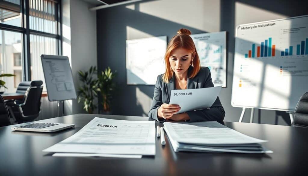 A professional office environment featuring a sleek, modern desk with documents spread out, illustrating a motorcycle valuation analysis. In the foreground, a focused businesswoman in professional attire analyzes two distinctly labeled valuation reports, one showing "6,200 EUR" and the other "11,400 EUR". The middle ground includes a large window letting in bright, natural light, casting soft shadows across the space. Behind her, a large whiteboard displays graphs and charts related to motorcycle valuations. The atmosphere is serious yet engaged, suggesting a collaborative workspace. The image should be captured from a slightly elevated angle, emphasizing the clarity of financial documents while maintaining focus on the subject's thoughtful expressions.