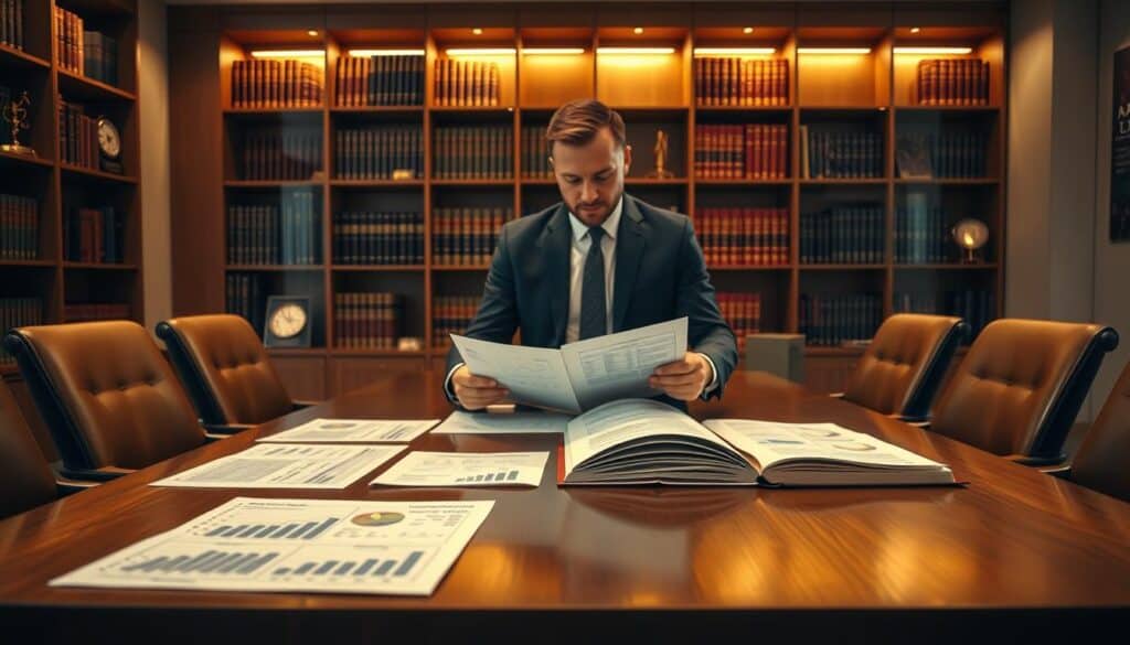 A professional office environment setting, with a large wooden conference table in the foreground. On the table, open legal documents and insurance policy papers are spread out, featuring various charts and graphs. In the middle of the scene, a business professional in formal attire (suit and tie) is analyzing the documents, with a focused expression. In the background, there are tall shelves filled with legal books and awards, softly illuminated by warm overhead lighting, creating a serious but inviting atmosphere. The camera angle is slightly elevated, providing a clear view of both the subject and the detailed legal paperwork, emphasizing the theme of legal aspects in insurance valuation. A professional office environment setting, with a large wooden conference table in the foreground. On the table, open legal documents and insurance policy papers are spread out, featuring various charts and graphs. In the middle of the scene, a business professional in formal attire (suit and tie) is analyzing the documents, with a focused expression. In the background, there are tall shelves filled with legal books and awards, softly illuminated by warm overhead lighting, creating a serious but inviting atmosphere. The camera angle is slightly elevated, providing a clear view of both the subject and the detailed legal paperwork, emphasizing the theme of legal aspects in insurance valuation.