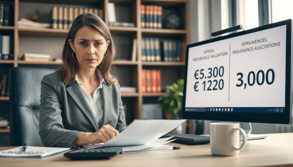A professional office scene emphasizing the complexities of insurance claims related to accidents. In the foreground, a focused woman in business attire sits at a desk, reviewing documents with a calculator nearby. Her expression shows determination and concern. In the middle ground, a large computer screen displays contrasting figures for insurance valuations: €5,300 and €12,000. Nearby, a notepad filled with notes and a coffee mug add to the workspace ambiance. The background features shelves filled with books on insurance and law, softly lit by natural light coming through a window, creating a serene yet serious atmosphere. The image should capture the essence of the appeal process, reflecting both professionalism and a hint of tension. The composition should be well-balanced, with a shallow depth of field to focus on the foreground elements.