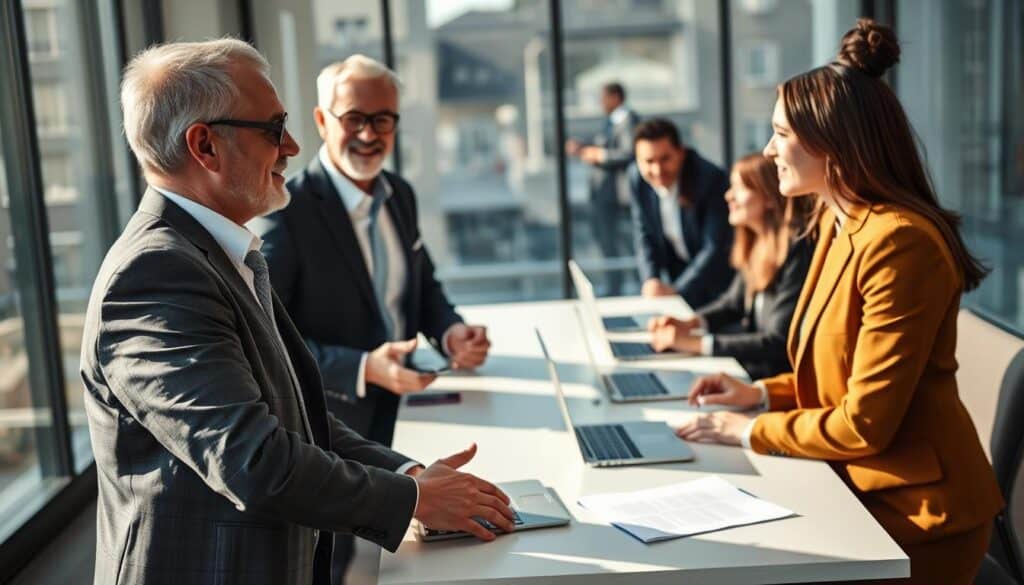 A professional office setting depicting a diverse group of clients engaged in a discussion about MOTOEXPERT's services. In the foreground, a middle-aged man in a tailored suit shares positive feedback with an attentive young woman in smart business attire, both looking optimistic. In the middle ground, a modern conference table with laptops and paperwork lays scattered, reflecting a collaborative atmosphere. The background features a large window with sunlight streaming in, casting warm, inviting shadows across the room. The lighting is bright yet soft, enhancing the feeling of transparency and assurance. The overall mood is positive and professional, embodying trust and satisfaction among the clients.