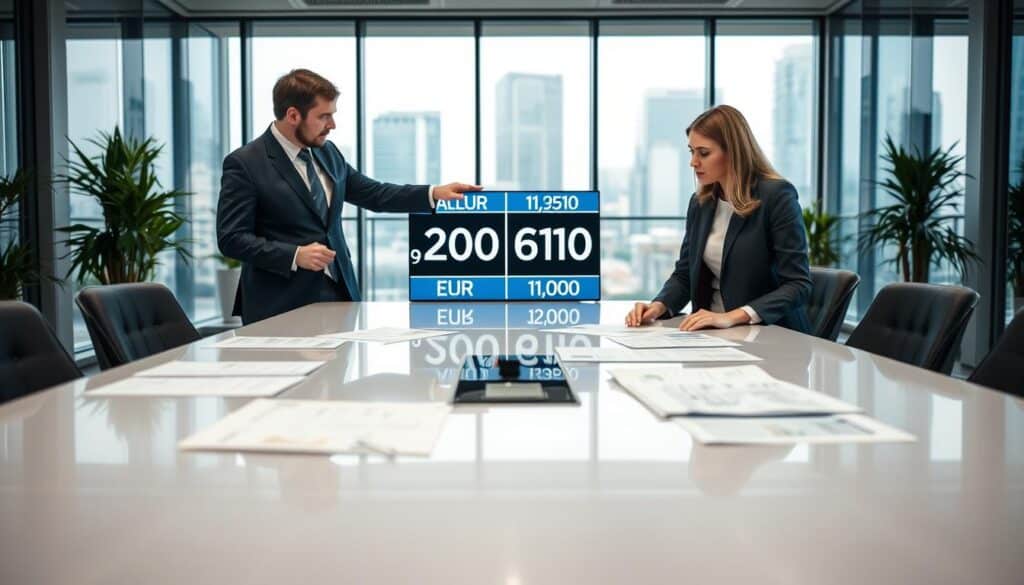 A professional office setting depicting a meeting between two insurance assessors evaluating property damage claims. In the foreground, a woman in professional business attire analyzes documents spread across a sleek conference table. To her left, a man in a tailored suit points at a large digital display showing contrasting valuation figures, emphasizing the difference between 6,200 EUR and 11,400 EUR. The middle ground features a modern office with glass partitions and potted plants, bringing a touch of greenery. The background includes a blurred cityscape view through large windows, with natural light filtering in, creating a serious yet focused atmosphere. The image should convey professionalism, analytical discussion, and the weight of financial decisions.
