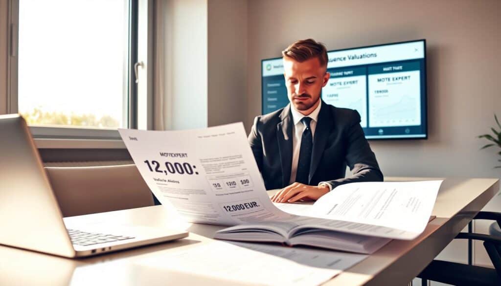 A professional office setting featuring a sleek modern desk with a laptop and financial documents related to vehicle valuation prominently displayed. In the foreground, a focused business professional in a tailored suit examines a detailed valuation report titled "MOTOEXPERT: 12 000 EUR," emphasizing the competitive pricing analysis. The middle ground has a large window allowing natural light to flood the room, casting soft shadows and creating a warm atmosphere. In the background, a digital screen shows a graphical representation of vehicle valuations comparing MOTOEXPERT and an insurance company's quote. The scene conveys a sense of professionalism and trust, highlighting the significance of accurate vehicle assessments in a contemporary business environment. The lighting is bright and inviting, enhancing the clarity of the details without any text or distractions in the image.