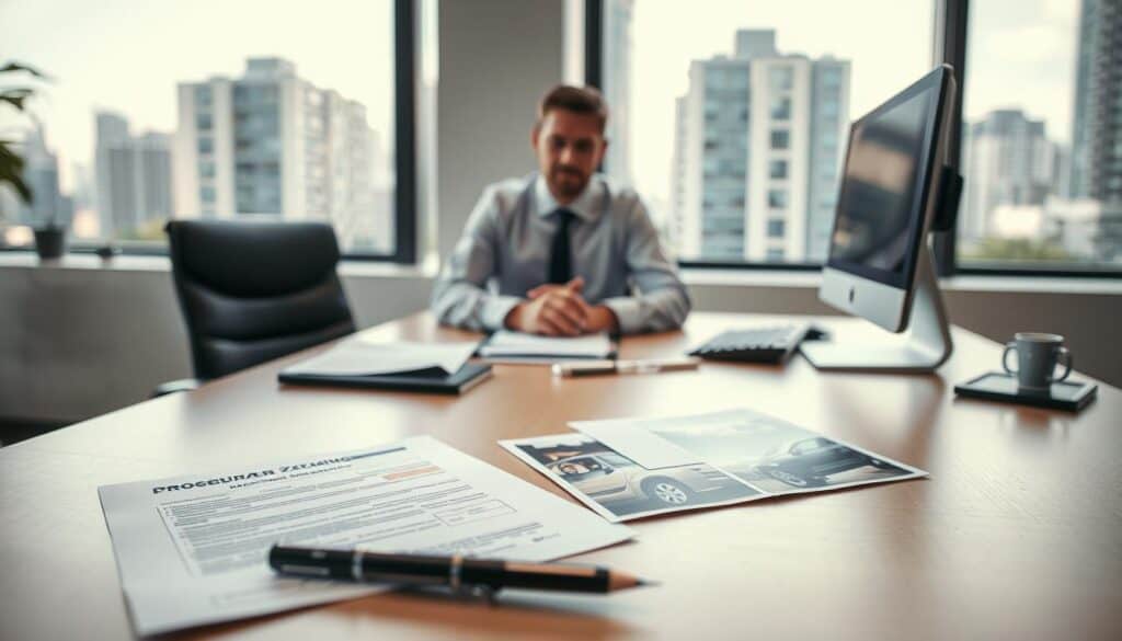 A professional office setting illustrating the "Procedura zgłaszania szkód." In the foreground, a business professional dressed in business attire, seated at a desk with a computer and paperwork related to insurance claims. In the middle, visually display various documents such as a claim form and photographs of vehicle damage laid out neatly. In the background, a large window shows an urban landscape, letting in natural light that creates a bright and focused atmosphere. The scene conveys diligence and professionalism, with soft lighting emphasizing the seriousness of the claims process while avoiding clutter. The angle should be slightly elevated, capturing both the desk and the window view simultaneously, reflecting a diligent approach to damage reporting.
