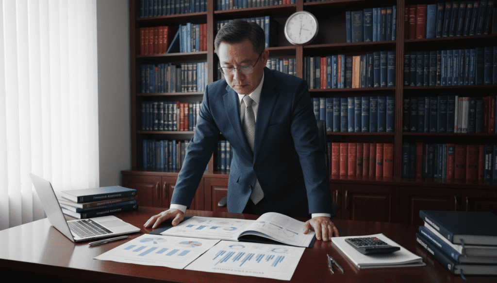 A professional office setting where a technical expert is analyzing documents and data related to compensation claims. In the foreground, a focused individual in business attire examines a detailed report with charts and graphs. The expert, a middle-aged Asian man with glasses, is illuminated by soft, natural light coming from a window behind him. In the middle ground, a large desk holds a laptop, a stack of technical manuals, and various tools like a calculator and drafting instruments. The background features shelves filled with industry-related books and a wall clock, suggesting a sense of time and urgency in the analysis. The atmosphere is serious and analytical, emphasizing the distinct role of technical expertise in legal matters. A professional office setting where a technical expert is analyzing documents and data related to compensation claims. In the foreground, a focused individual in business attire examines a detailed report with charts and graphs. The expert, a middle-aged Asian man with glasses, is illuminated by soft, natural light coming from a window behind him. In the middle ground, a large desk holds a laptop, a stack of technical manuals, and various tools like a calculator and drafting instruments. The background features shelves filled with industry-related books and a wall clock, suggesting a sense of time and urgency in the analysis. The atmosphere is serious and analytical, emphasizing the distinct role of technical expertise in legal matters.