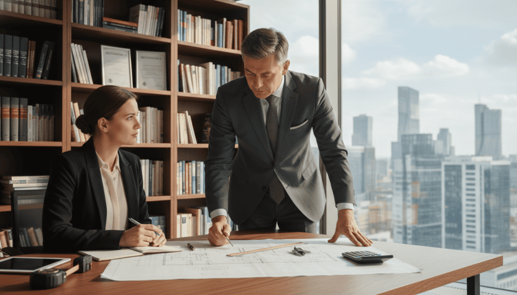 A professional property appraiser (rzeczoznawca) in a modern office setting, examining a detailed architectural plan and discussing it with a client. In the foreground, the appraiser, a middle-aged man dressed in a smart suit, is focused on a blueprint on the table, with tools and a calculator nearby. The middle ground features the client, a woman in professional attire, attentively listening and taking notes. The background shows shelves filled with reference books, framed certificates, and a large window overlooking a cityscape, allowing natural light to illuminate the scene. The mood is collaborative and focused, emphasizing professionalism and expertise in technical evaluation. The composition is shot at eye level with soft, diffused lighting that enhances the atmosphere of trust and seriousness. A professional property appraiser (rzeczoznawca) in a modern office setting, examining a detailed architectural plan and discussing it with a client. In the foreground, the appraiser, a middle-aged man dressed in a smart suit, is focused on a blueprint on the table, with tools and a calculator nearby. The middle ground features the client, a woman in professional attire, attentively listening and taking notes. The background shows shelves filled with reference books, framed certificates, and a large window overlooking a cityscape, allowing natural light to illuminate the scene. The mood is collaborative and focused, emphasizing professionalism and expertise in technical evaluation. The composition is shot at eye level with soft, diffused lighting that enhances the atmosphere of trust and seriousness.