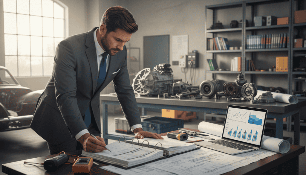 A professional scene depicting an independent technical expert conducting a compensation evaluation. In the foreground, a focused expert in a smart business suit examines a detailed technical report, surrounded by high-tech tools and equipment. The middle ground features a large worktable filled with car parts, diagrams, and the expert’s laptop displaying analytical graphs. The background includes a well-lit workshop with shelves of automotive manuals and tools, creating an atmosphere of diligence and expertise. Soft natural light streams through a window, illuminating the workspace. The overall mood should be one of concentration and professionalism, emphasizing the thoroughness of the compensation study. The image should be devoid of captions or text. A professional scene depicting an independent technical expert conducting a compensation evaluation. In the foreground, a focused expert in a smart business suit examines a detailed technical report, surrounded by high-tech tools and equipment. The middle ground features a large worktable filled with car parts, diagrams, and the expert’s laptop displaying analytical graphs. The background includes a well-lit workshop with shelves of automotive manuals and tools, creating an atmosphere of diligence and expertise. Soft natural light streams through a window, illuminating the workspace. The overall mood should be one of concentration and professionalism, emphasizing the thoroughness of the compensation study. The image should be devoid of captions or text.