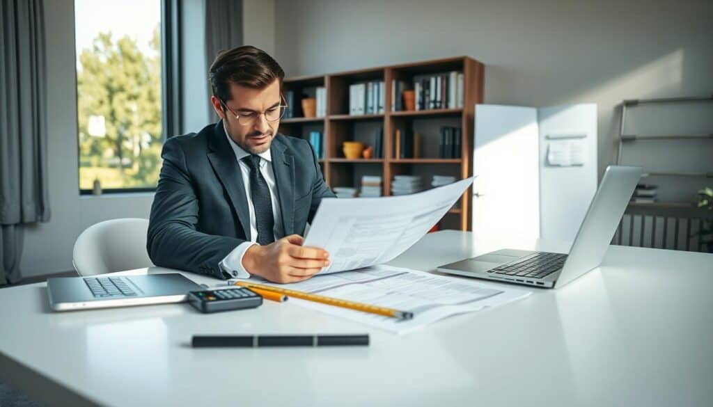 A professional scene representing a property appraisal in an office setting. In the foreground, a well-dressed male appraiser, wearing a tailored suit, is studying a detailed report on a sleek modern desk. He appears focused and analytical, with a calculator, measurement tools, and a laptop nearby. In the middle ground, a large window reveals a sunny day outside, casting natural light into the room, enhancing the atmosphere of professionalism. Behind the appraiser, shelves filled with books and appraisal materials suggest expertise. The overall mood is one of seriousness and diligence, capturing the essence of when one might consider changing appraisers for better valuation outcomes. The image should be framed with a wide-angle lens for a clear view and depth.