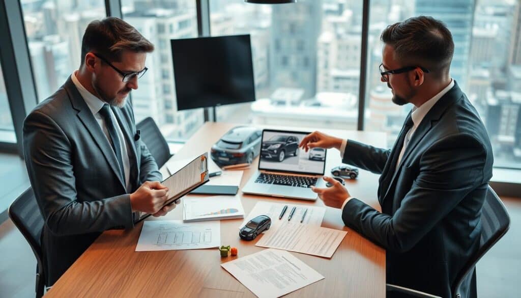 A professional setting depicting a negotiation meeting between an insurance adjuster and a vehicle appraisal expert. In the foreground, a well-dressed insurance adjuster in a suit, focused and jotting notes on a clipboard, showcases a sense of professionalism. Beside them, the vehicle appraisal expert, wearing smart casual attire, points to a high-resolution image of a damaged vehicle on a laptop screen, conveying expertise and attention to detail. The middle ground features a modern conference table cluttered with documents, charts, and a vehicle model. The background displays a large window with a cityscape view, suggesting a busy urban environment. Soft, natural lighting fills the scene, creating an atmosphere of collaboration and serious negotiation, captured from a slightly elevated angle to enhance the professional tone.