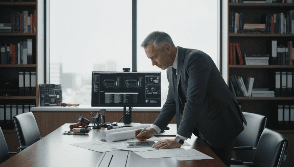 A professional setting depicting a technical expert conducting an assessment in the context of an insurance dispute. In the foreground, a middle-aged consultant dressed in formal business attire is examining a collection of documents and blueprints on a sleek conference table, deeply focused. In the middle, a modern office environment featuring a large window with soft natural light illuminating the workspace, showcasing various technical tools and equipment relevant to the field. In the background, blurred shelves filled with reference books and case studies related to insurance and engineering, creating an atmosphere of professionalism and expertise. The overall mood is one of sophistication and seriousness, reflecting the importance of expert opinions in resolving insurance disputes. A professional setting depicting a technical expert conducting an assessment in the context of an insurance dispute. In the foreground, a middle-aged consultant dressed in formal business attire is examining a collection of documents and blueprints on a sleek conference table, deeply focused. In the middle, a modern office environment featuring a large window with soft natural light illuminating the workspace, showcasing various technical tools and equipment relevant to the field. In the background, blurred shelves filled with reference books and case studies related to insurance and engineering, creating an atmosphere of professionalism and expertise. The overall mood is one of sophistication and seriousness, reflecting the importance of expert opinions in resolving insurance disputes.