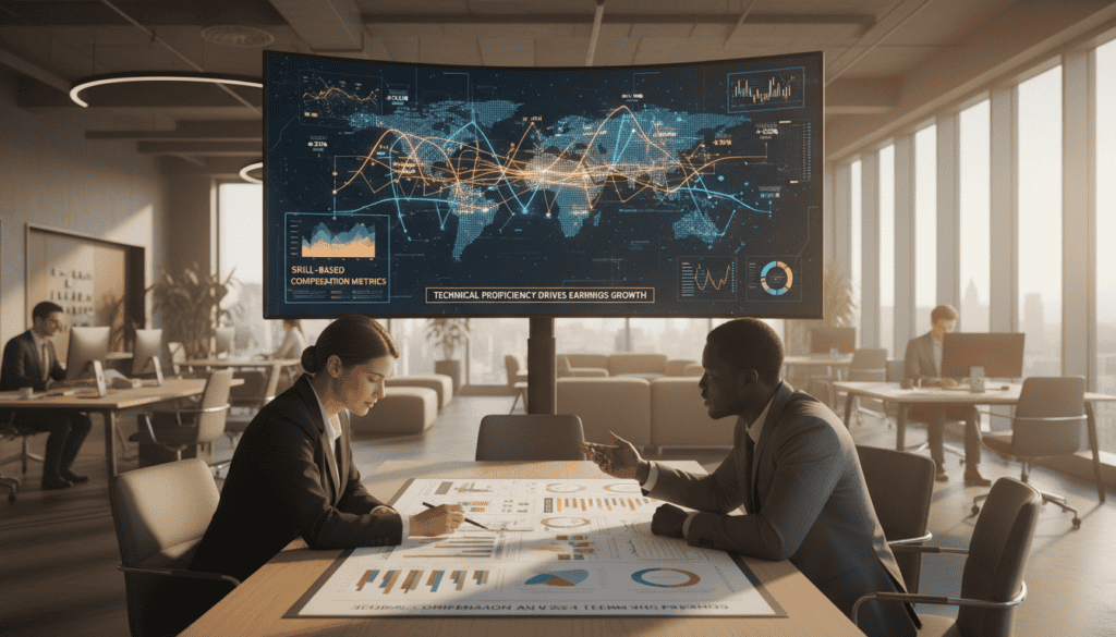 A professional setting illustrating the impact of technical expertise on compensation outcomes. In the foreground, a diverse group of three individuals in business attire—two men and one woman—discussing a detailed report, pointing to various graphs and charts laid out on a table. In the middle ground, a large digital display shows a complex data visualisation related to compensation statistics and assessments. In the background, a modern office environment with large windows allowing natural light to flood in, creating a bright and optimistic atmosphere. Use a warm color palette to enhance the mood of professionalism and collaboration. The angle should be slightly elevated to capture the interaction between the individuals and the data, emphasizing the significance of technical assessments in practical applications. A professional setting illustrating the impact of technical expertise on compensation outcomes. In the foreground, a diverse group of three individuals in business attire—two men and one woman—discussing a detailed report, pointing to various graphs and charts laid out on a table. In the middle ground, a large digital display shows a complex data visualisation related to compensation statistics and assessments. In the background, a modern office environment with large windows allowing natural light to flood in, creating a bright and optimistic atmosphere. Use a warm color palette to enhance the mood of professionalism and collaboration. The angle should be slightly elevated to capture the interaction between the individuals and the data, emphasizing the significance of technical assessments in practical applications.