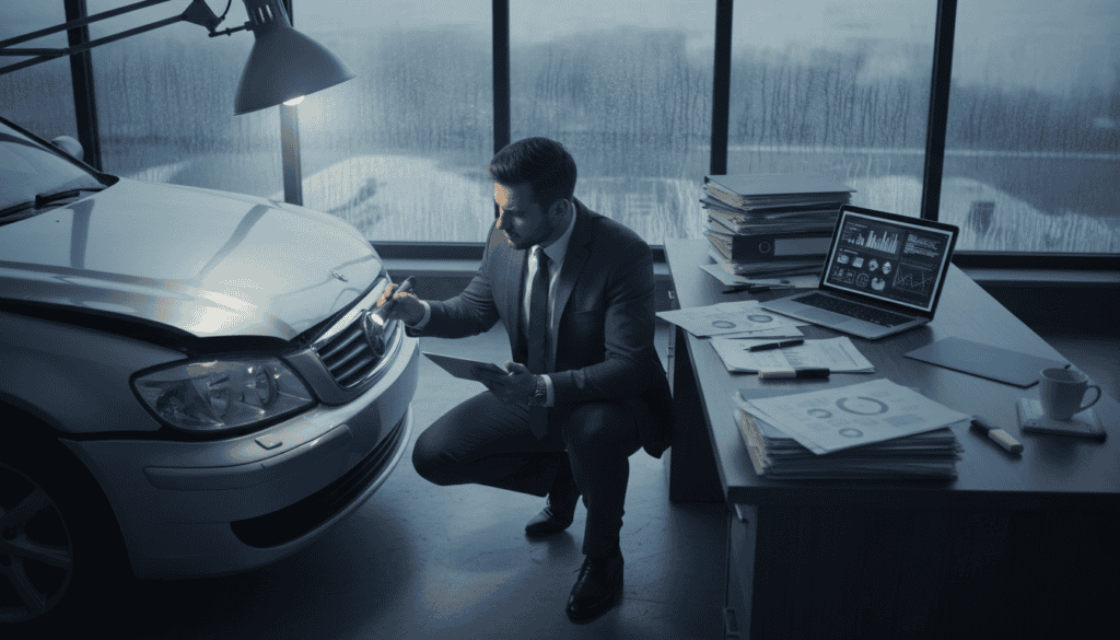 A professional setting illustrating the process of "damage liquidation" in the context of vehicle insurance claims. In the foreground, a technician in a crisp business suit examines a damaged car, closely inspecting its bodywork under bright, focused lighting. The middle ground features a desk cluttered with documents, a laptop displaying charts, and a coffee cup, symbolizing thorough investigation and analysis. The background includes a window showing a rainy day outside, reflecting a somber atmosphere. The color palette is cool with shades of gray and blue, evoking a sense of professionalism and seriousness. The angle is slightly tilted from above, capturing both the technician's intense focus and the chaotic yet structured environment of the insurance claims process. A professional setting illustrating the process of "damage liquidation" in the context of vehicle insurance claims. In the foreground, a technician in a crisp business suit examines a damaged car, closely inspecting its bodywork under bright, focused lighting. The middle ground features a desk cluttered with documents, a laptop displaying charts, and a coffee cup, symbolizing thorough investigation and analysis. The background includes a window showing a rainy day outside, reflecting a somber atmosphere. The color palette is cool with shades of gray and blue, evoking a sense of professionalism and seriousness. The angle is slightly tilted from above, capturing both the technician's intense focus and the chaotic yet structured environment of the insurance claims process.