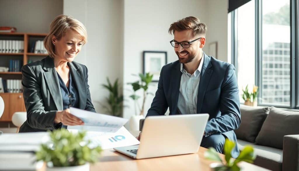 A professional setting showcasing a friendly consultation between a qualified appraiser and a client. In the foreground, the appraiser, a middle-aged woman in smart business attire, is reviewing documents and pointing at a chart on a laptop, conveying expertise and clarity. The client, a young man in casual but neat clothing, looks engaged and thoughtful. In the middle ground, a modern office with sleek furniture, a large window allowing natural light to flood the space, and a few green plants adds warmth. In the background, shelves filled with reference books and a framed certificate enhance the professional environment. The mood is collaborative and supportive, emphasizing trust and professionalism in financial decision-making. The lighting is bright and inviting, captured from a slightly angled perspective to create depth. A professional setting showcasing a friendly consultation between a qualified appraiser and a client. In the foreground, the appraiser, a middle-aged woman in smart business attire, is reviewing documents and pointing at a chart on a laptop, conveying expertise and clarity. The client, a young man in casual but neat clothing, looks engaged and thoughtful. In the middle ground, a modern office with sleek furniture, a large window allowing natural light to flood the space, and a few green plants adds warmth. In the background, shelves filled with reference books and a framed certificate enhance the professional environment. The mood is collaborative and supportive, emphasizing trust and professionalism in financial decision-making. The lighting is bright and inviting, captured from a slightly angled perspective to create depth.