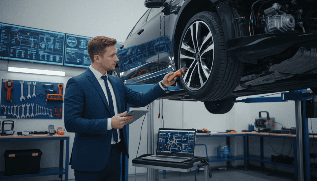 A professional setting showcasing a technical expert preparing for a vehicle damage assessment. In the foreground, a well-dressed technician in business attire is examining a car using advanced diagnostic tools and equipment, like a laptop and measuring devices. In the middle, the vehicle is positioned on a hydraulic lift, with detailed views of its undercarriage. Soft, focused lighting highlights the technician’s concentration and the intricate details of the car's components. The background features a modern workshop, complete with diagnostic screens and tools neatly organized on a workbench. The atmosphere is serious yet methodical, conveying the importance of preparation for technical expertise in insurance claims. The angle captures both the technician and the vehicle, emphasizing the thoroughness of the examination process.