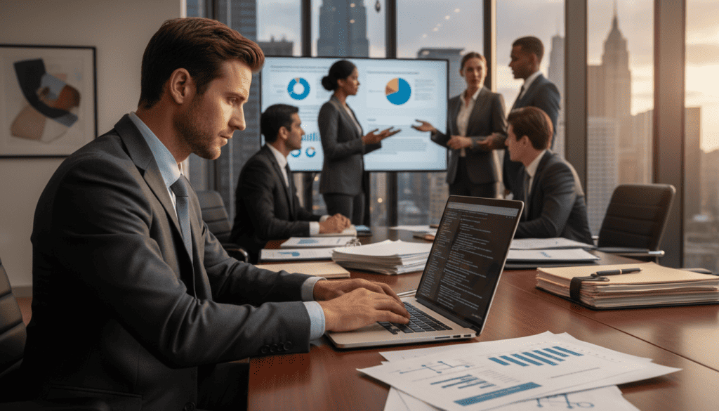 A professional setting showcasing the benefits of technical expertise in a legal context. In the foreground, a confident, well-dressed consultant analyzes complex data on a laptop, surrounded by legal documents and technical charts. In the middle background, a diverse team of professionals engaged in discussion, with one pointing towards a large screen displaying analytical graphs and case studies. The background is an elegant, well-lit office environment with large windows revealing a cityscape, conveying a sense of sophistication and authority. Soft, natural light filters through, creating a calm yet focused atmosphere. The focus is sharp on the expert and documents, with a slightly blurred effect on the team, emphasizing collaboration around the technical analysis. A professional setting showcasing the benefits of technical expertise in a legal context. In the foreground, a confident, well-dressed consultant analyzes complex data on a laptop, surrounded by legal documents and technical charts. In the middle background, a diverse team of professionals engaged in discussion, with one pointing towards a large screen displaying analytical graphs and case studies. The background is an elegant, well-lit office environment with large windows revealing a cityscape, conveying a sense of sophistication and authority. Soft, natural light filters through, creating a calm yet focused atmosphere. The focus is sharp on the expert and documents, with a slightly blurred effect on the team, emphasizing collaboration around the technical analysis.