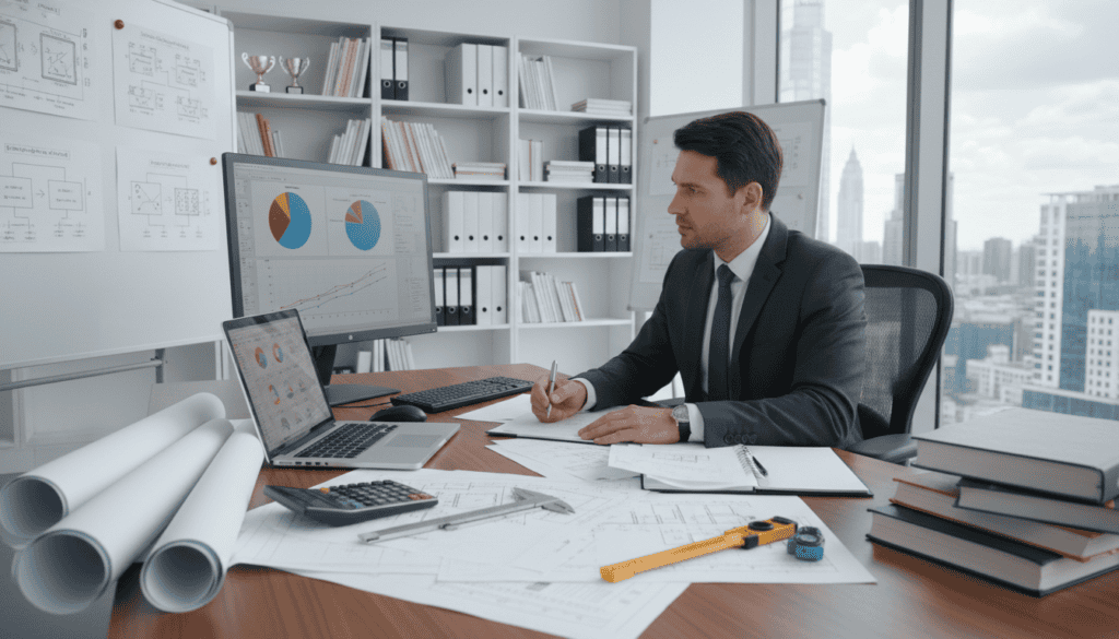 A professional setting showcasing the preparation of a technical expertise report. In the foreground, a well-organized desk with technical documents, blueprints, a laptop, and tools such as a calculator and measuring instruments. In the middle, a focused individual in professional business attire, analyzing data and making notes, surrounded by charts and graphs. The background features a well-lit office with shelves holding reference books and awards, a window allowing natural light and a view of a cityscape. The mood is serious and studious, highlighting the importance of thorough preparation. Soft, even lighting creates a clear, professional atmosphere, ideal for a technical review scene. The composition is shot at a slight angle to capture depth and detail, ensuring a polished and inviting visual. A professional setting showcasing the preparation of a technical expertise report. In the foreground, a well-organized desk with technical documents, blueprints, a laptop, and tools such as a calculator and measuring instruments. In the middle, a focused individual in professional business attire, analyzing data and making notes, surrounded by charts and graphs. The background features a well-lit office with shelves holding reference books and awards, a window allowing natural light and a view of a cityscape. The mood is serious and studious, highlighting the importance of thorough preparation. Soft, even lighting creates a clear, professional atmosphere, ideal for a technical review scene. The composition is shot at a slight angle to capture depth and detail, ensuring a polished and inviting visual.