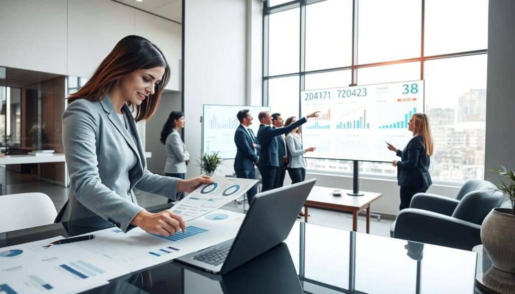 A professional setting showcasing various factors influencing damage valuation in insurance. In the foreground, a smartly dressed businesswoman is examining insurance documents on a modern desk filled with charts and graphs. In the middle ground, a diverse group of professionals in business attire engage in discussion, pointing at a large screen displaying statistical data and trends related to damage assessment. The background features a sleek office with large windows allowing natural light to flood the room, creating a bright and optimistic atmosphere. Use a wide-angle view to capture the collaboration and focus on the importance of accuracy in evaluations, all under soft, diffused lighting that enhances the professionalism of the scene.