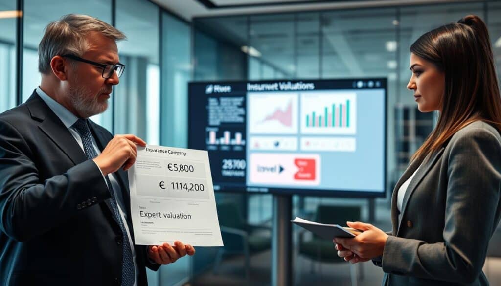 A professional setting where two individuals in business attire are discussing a financial report. In the foreground, one person, a middle-aged man with glasses, is pointing at a chart displaying two contrasting valuation figures: "€6,800" for an insurance company and "€14,200" for an expert valuation. The other person, a young woman with a notepad, listens intently, taking notes. In the middle background, a large digital screen shows graphs and statistics illustrating the valuation comparison. The lighting is bright yet soft, creating a professional and serious atmosphere. A modern office space is visible in the background, with glass walls and minimalistic furniture, enhancing the corporate feel of the scene. The image should evoke a sense of analysis and decision-making.