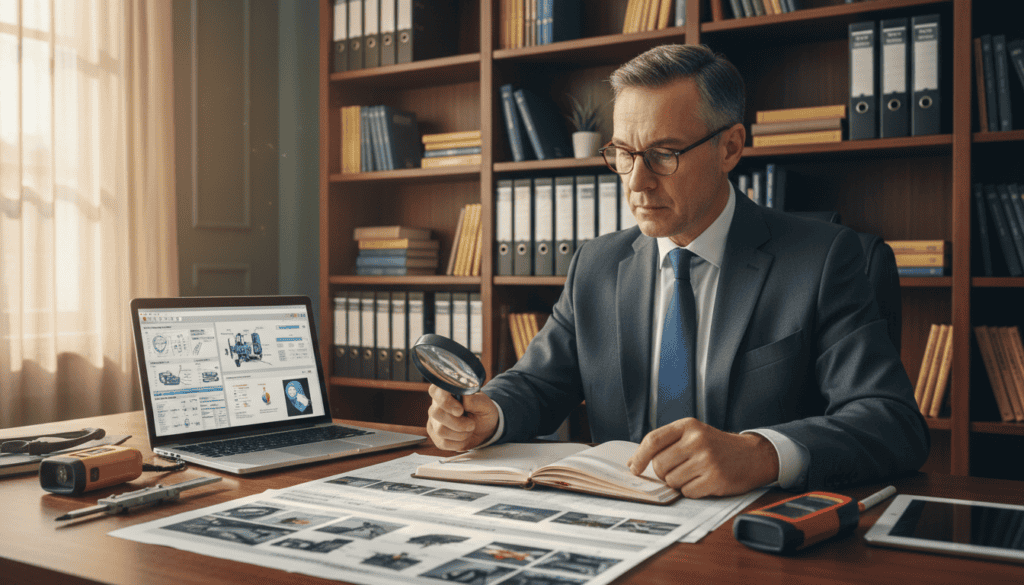 A professional technical auditor in a well-lit office environment, examining a detailed car damage report on a sleek wooden desk. In the foreground, focus on the auditor, a middle-aged person dressed in a smart business suit, wearing reading glasses, and intently analyzing the document with a magnifying glass. In the middle ground, various technical tools and devices, such as a laptop showing software analysis, a notepad, and measurement instruments, are neatly arranged. The background features a bookshelf filled with automotive manuals and legal documents. Soft, natural light streams through a window, creating an atmosphere of professionalism and diligence. The color palette is composed of warm, inviting tones, evoking a sense of trust and expertise. A professional technical auditor in a well-lit office environment, examining a detailed car damage report on a sleek wooden desk. In the foreground, focus on the auditor, a middle-aged person dressed in a smart business suit, wearing reading glasses, and intently analyzing the document with a magnifying glass. In the middle ground, various technical tools and devices, such as a laptop showing software analysis, a notepad, and measurement instruments, are neatly arranged. The background features a bookshelf filled with automotive manuals and legal documents. Soft, natural light streams through a window, creating an atmosphere of professionalism and diligence. The color palette is composed of warm, inviting tones, evoking a sense of trust and expertise.