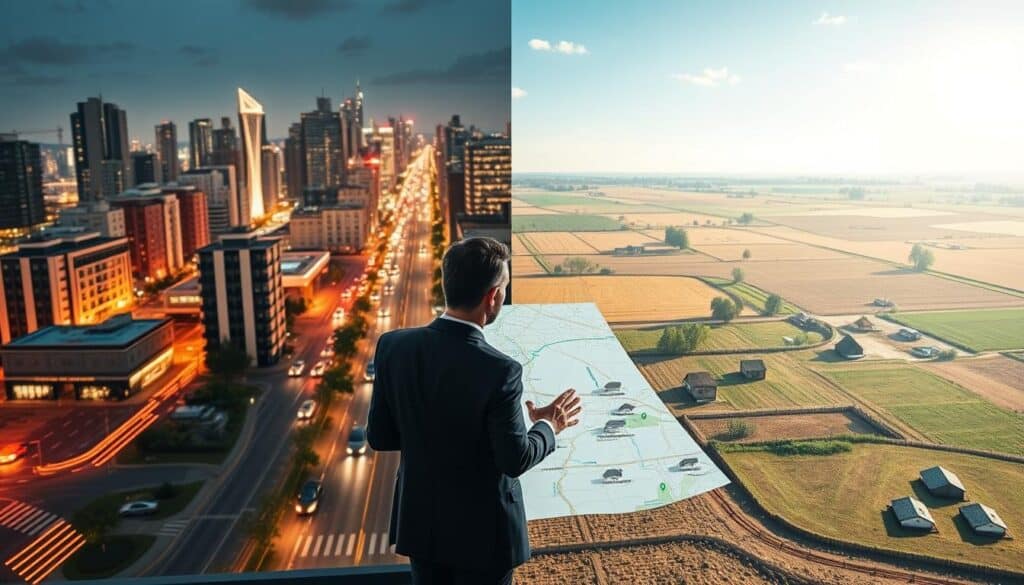 A split image illustrating the impact of location on valuation, with the left side showing a bustling urban environment featuring modern buildings and busy streets, symbolizing high property values. Bright, warm lighting enhances the scene, emphasizing energy and opportunity. The right side contrasts with a serene rural landscape, including fields and small homes, representing lower property valuations. This area is bathed in soft, natural light, creating a calm atmosphere. In the foreground, two professionals in business attire are engaged in discussion, gesturing towards a map that highlights different locations. The camera angle is slightly elevated, giving a comprehensive view of both environments. The overall mood is analytical, portraying the significance of location in valuation decisions without any text or distractions.