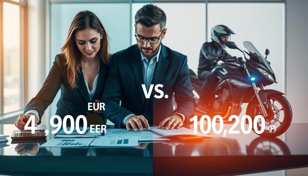 A split image showcasing a comparison between an insurance value of 4,900 EUR and MOTOEXPERT's value of 10,200 EUR. In the foreground, two professional business people, a man and a woman, are analyzing charts and graphs on a sleek, modern table. On the left side, the insurance figure is depicted with imagery of a calculator and financial reports, bathed in warm, inviting light. On the right side, MOTOEXPERT's figure is represented with a motorcycle and safety gear, illuminated with cool, dynamic lighting that suggests motion and excitement. The middle ground features transparent overlays of price tags, subtly contrasting the values. The background should be a bright, modern office environment, reinforcing a sense of professionalism and analysis. The overall mood is one of serious comparison and informed decision-making. A split image showcasing a comparison between an insurance value of 4,900 EUR and MOTOEXPERT's value of 10,200 EUR. In the foreground, two professional business people, a man and a woman, are analyzing charts and graphs on a sleek, modern table. On the left side, the insurance figure is depicted with imagery of a calculator and financial reports, bathed in warm, inviting light. On the right side, MOTOEXPERT's figure is represented with a motorcycle and safety gear, illuminated with cool, dynamic lighting that suggests motion and excitement. The middle ground features transparent overlays of price tags, subtly contrasting the values. The background should be a bright, modern office environment, reinforcing a sense of professionalism and analysis. The overall mood is one of serious comparison and informed decision-making.