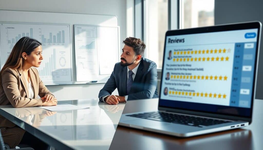 A split-screen image showcasing user opinions about insurance valuations. On the left, depict a group of three diverse professionals in business attire, engaged in discussion at a sleek, modern conference table, with expressions of contemplation and concern. In the background, a whiteboard filled with charts and graphs related to valuation figures. On the right, illustrate an online review platform on a laptop screen, showing user ratings and star reviews in a blurred, indistinct manner. The color palette should be a mix of blues and greys to convey professionalism, illuminated by soft, natural lighting from a large window, creating an atmosphere of thoughtful analysis and dialogue. Capture the essence of user feedback and valuation comparison without any text or overlays.