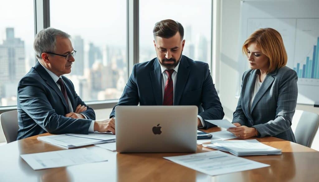 A team of professional appraisers engaged in a serious discussion around a conference table, analyzing documents and financial reports. The foreground features two appraisers, a middle-aged man in a sharp navy suit and a middle-aged woman in a tailored gray blazer, both focused on a laptop and papers scattered on the table. The middle ground contains a large window showcasing a bustling cityscape, suggesting a modern office environment. In the background, a whiteboard with graphs and charts highlights the importance of accuracy and professionalism. Soft, natural light streams in from the window, creating a focused yet collaborative atmosphere. The mood is one of seriousness and dedication, reflecting the critical nature of their work. A team of professional appraisers engaged in a serious discussion around a conference table, analyzing documents and financial reports. The foreground features two appraisers, a middle-aged man in a sharp navy suit and a middle-aged woman in a tailored gray blazer, both focused on a laptop and papers scattered on the table. The middle ground contains a large window showcasing a bustling cityscape, suggesting a modern office environment. In the background, a whiteboard with graphs and charts highlights the importance of accuracy and professionalism. Soft, natural light streams in from the window, creating a focused yet collaborative atmosphere. The mood is one of seriousness and dedication, reflecting the critical nature of their work.