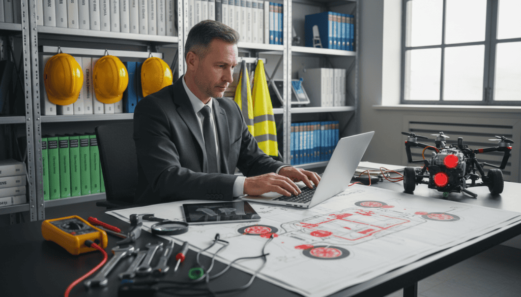 A technical expert examining a damaged vehicle in an office setting, with detailed tools and equipment visible on the desk. In the foreground, focus on the expert, a middle-aged man in a professional business suit, using a laptop to analyze data. In the middle ground, a large blueprint of the vehicle outline is spread out, showing areas of concern highlighted in red. The background features shelves filled with technical manuals and safety gear. Soft, diffused lighting illuminates the scene, creating a serious, focused atmosphere. The camera angle is slightly elevated, capturing both the expert's concentration and the technical elements surrounding him, emphasizing the meticulous nature of the technical examination process. A technical expert examining a damaged vehicle in an office setting, with detailed tools and equipment visible on the desk. In the foreground, focus on the expert, a middle-aged man in a professional business suit, using a laptop to analyze data. In the middle ground, a large blueprint of the vehicle outline is spread out, showing areas of concern highlighted in red. The background features shelves filled with technical manuals and safety gear. Soft, diffused lighting illuminates the scene, creating a serious, focused atmosphere. The camera angle is slightly elevated, capturing both the expert's concentration and the technical elements surrounding him, emphasizing the meticulous nature of the technical examination process.