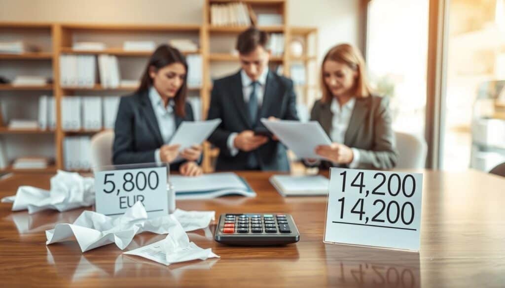 A visual representation of two contrasting financial amounts symbolizing insurance compensation, depicted on a polished wooden table. In the foreground, a classic calculator displays "6,800 EUR" on one side and "14,200 EUR" on the other, surrounded by crumpled papers and an open insurance policy document. In the middle ground, two professional individuals in business attire—one reviewing the lower amount with a concerned expression, the other confidently analyzing the higher figure—engage in discussion. The background features a softly blurred office setting, with shelves filled with financial books and charts, the warm glow of natural light streaming in from a window, creating a focused and contemplative atmosphere that encourages awareness among insured individuals regarding their compensation options.