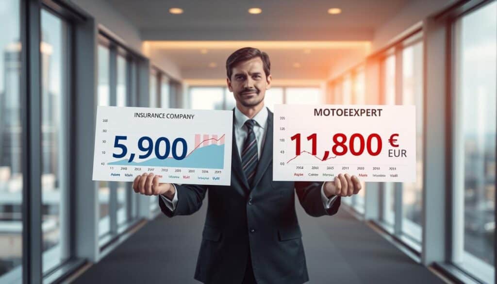 A visually striking comparison image illustrating the valuation differences between an insurance company and MOTOEXPERT. In the foreground, a professional business person in formal attire stands confidently, holding two graphs — one displaying 5,900 EUR, representing the insurance company, and the other displaying 11,800 EUR for MOTOEXPERT. The middle section features detailed visuals of both valuation charts, color-coded for clarity. In the background, a modern office environment with soft lighting emphasizes a professional atmosphere, with large windows showcasing a city skyline. The mood is analytical and focused, capturing the essence of making informed decisions based on contrasting valuations. The image should be bright yet balanced to enhance readability and engagement. A visually striking comparison image illustrating the valuation differences between an insurance company and MOTOEXPERT. In the foreground, a professional business person in formal attire stands confidently, holding two graphs — one displaying 5,900 EUR, representing the insurance company, and the other displaying 11,800 EUR for MOTOEXPERT. The middle section features detailed visuals of both valuation charts, color-coded for clarity. In the background, a modern office environment with soft lighting emphasizes a professional atmosphere, with large windows showcasing a city skyline. The mood is analytical and focused, capturing the essence of making informed decisions based on contrasting valuations. The image should be bright yet balanced to enhance readability and engagement.