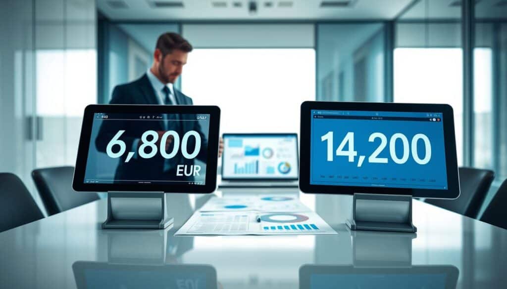 A visually striking comparison of two appraisal amounts set against a sleek, modern office background. In the foreground, detailed charts and graphs featuring the figures "6,800 EUR" and "14,200 EUR" presented on digital tablets, with a professional businessperson in a suit analyzing the data. The middle ground showcases a polished conference table with financial reports and a laptop displaying infographics about insurance valuations. The background is softly blurred, featuring a large window letting in natural light, creating a clean and professional atmosphere. The overall mood is analytical and focused, emphasizing the differences in valuation methods. Use a bright and clear color palette with an emphasis on blues and whites, with soft shadows for depth.