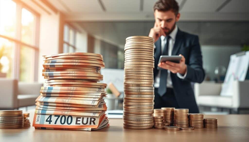 A visually striking comparison of two distinct insurance valuation amounts, 4,700 EUR and 9,900 EUR, depicted through two prominently displayed and contrasting piles of Euro currency notes and coins. In the foreground, a neatly organized stack of 4,700 EUR with a professional individual in business attire, thoughtfully analyzing it with a calculator. In the middle, a taller and more intricate stack of 9,900 EUR, demonstrating its complexity, surrounded by financial documents and graphs, symbolizing careful valuation analysis. The background features a sleek office setting with modern furnishings and soft, natural lighting spilling in from a large window, creating a focused and analytical atmosphere. The image should convey a mood of professionalism and clarity, highlighting the differences in the valuation process.