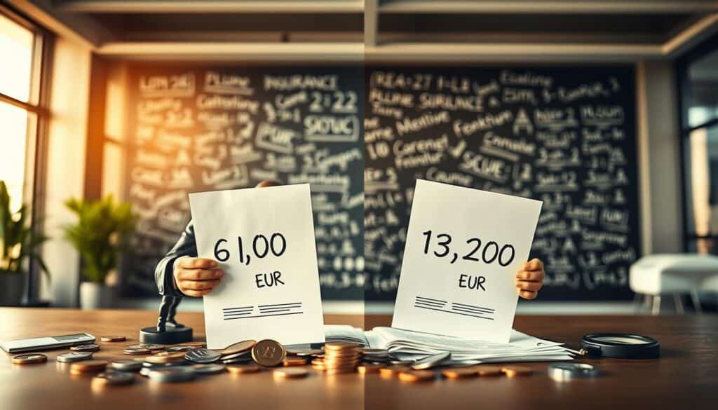 A visually striking illustration of hidden costs in car insurance, showcasing a split scene. In the foreground, a detailed figure of a professional insurance analyst, in business attire, examining two contrasting financial documents labeled with the amounts "6,100 EUR" and "13,200 EUR." Surrounding the analyst, scattered icons symbolizing hidden costs, such as coins, magnifying glasses, and paperwork. In the middle ground, a large chalkboard filled with confusing terms and calculations, representing the complexity of insurance evaluations. The background features a sleek, modern office environment, softly lit with warm light filtering through large windows, creating a thoughtful and analytical atmosphere. Use a shallow depth of field to focus on the analyst and the documents.