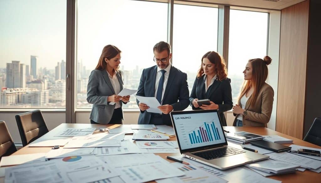 An informative scene depicting "ubezpieczenia komunikacyjne" in a modern office environment. In the foreground, a diverse group of three professionals in business attire, engaged in a discussion over documents and a tablet, showcasing a sense of collaboration. The middle ground features a large table scattered with insurance forms and charts, with a laptop displaying a graph of car insurance comparisons. In the background, a large window reveals a cityscape bathed in natural daylight, casting soft shadows across the room. The atmosphere is focused and analytical, conveying a sense of urgency and professionalism. The lighting is bright yet warm, enhancing the clarity of details without any distractions. An informative scene depicting "ubezpieczenia komunikacyjne" in a modern office environment. In the foreground, a diverse group of three professionals in business attire, engaged in a discussion over documents and a tablet, showcasing a sense of collaboration. The middle ground features a large table scattered with insurance forms and charts, with a laptop displaying a graph of car insurance comparisons. In the background, a large window reveals a cityscape bathed in natural daylight, casting soft shadows across the room. The atmosphere is focused and analytical, conveying a sense of urgency and professionalism. The lighting is bright yet warm, enhancing the clarity of details without any distractions.