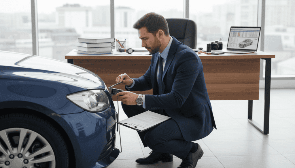 An office scene depicting a professional technical expert examining a damaged vehicle's exterior. In the foreground, a focused individual in business attire, holding a clipboard and measuring tools, analyzes the car's dents and scratches under bright, natural light. The middle ground features a cluttered desk with technical documents, a laptop displaying data, and various assessment tools. In the background, large windows let in diffused daylight, creating a light and airy atmosphere. The mood is serious yet productive, reflecting the meticulous process of damage estimation and technical expertise. Shadows are soft, highlighting the professionalism and precision involved in the assessment. An office scene depicting a professional technical expert examining a damaged vehicle's exterior. In the foreground, a focused individual in business attire, holding a clipboard and measuring tools, analyzes the car's dents and scratches under bright, natural light. The middle ground features a cluttered desk with technical documents, a laptop displaying data, and various assessment tools. In the background, large windows let in diffused daylight, creating a light and airy atmosphere. The mood is serious yet productive, reflecting the meticulous process of damage estimation and technical expertise. Shadows are soft, highlighting the professionalism and precision involved in the assessment.