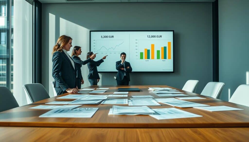 A business meeting scene set in a modern conference room, with a sleek wooden table in the foreground and multiple financial documents spread across it. A professional woman in a tailored suit is reviewing a large presentation screen displaying contrasting valuation numbers: "5,300 EUR" on one side and "12,000 EUR" on the other, illustrated with bar graphs. In the middle ground, a few colleagues are engaged in discussion, some pointing at the screen, expressing differing opinions. The background features a large window with natural light pouring in, creating a bright and motivating atmosphere. Soft shadows add depth, while the focus is sharp on the discussion points on the table and the screen, conveying a serious yet collaborative mood. The overall image communicates professionalism and the critical analysis of differing valuations.