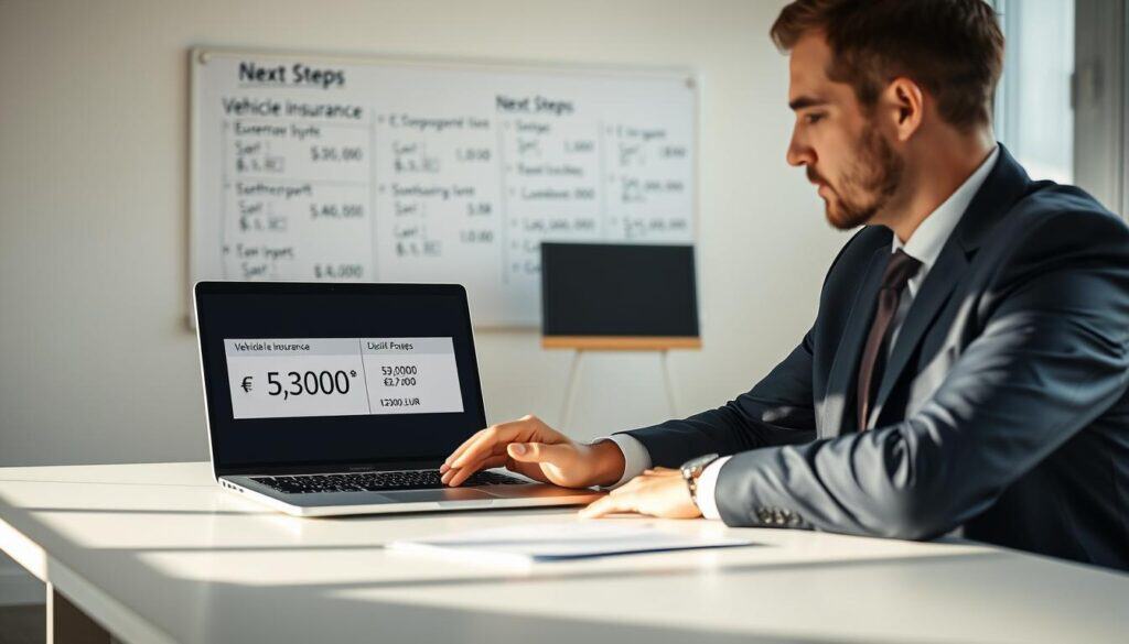 A business professional in a smart suit, seated at a modern desk, is analyzing two contrasting vehicle insurance quotes displayed on a laptop screen. The first quote shows a figure of 5,300 EUR, while the second shows 12,000 EUR, both highlighted for clarity. In the background, a whiteboard filled with calculations and notes illustrates the evaluation process, emphasizing “Next Steps”. Soft, natural lighting filters through a large window, casting gentle shadows that create a focused atmosphere. The angle should be slightly above the desk, allowing the viewer to see the professional's thoughtful expression as they ponder their decision. The overall mood is calm, analytical, and forward-thinking, reflecting the critical nature of the insurance evaluation process. A business professional in a smart suit, seated at a modern desk, is analyzing two contrasting vehicle insurance quotes displayed on a laptop screen. The first quote shows a figure of 5,300 EUR, while the second shows 12,000 EUR, both highlighted for clarity. In the background, a whiteboard filled with calculations and notes illustrates the evaluation process, emphasizing “Next Steps”. Soft, natural lighting filters through a large window, casting gentle shadows that create a focused atmosphere. The angle should be slightly above the desk, allowing the viewer to see the professional's thoughtful expression as they ponder their decision. The overall mood is calm, analytical, and forward-thinking, reflecting the critical nature of the insurance evaluation process.