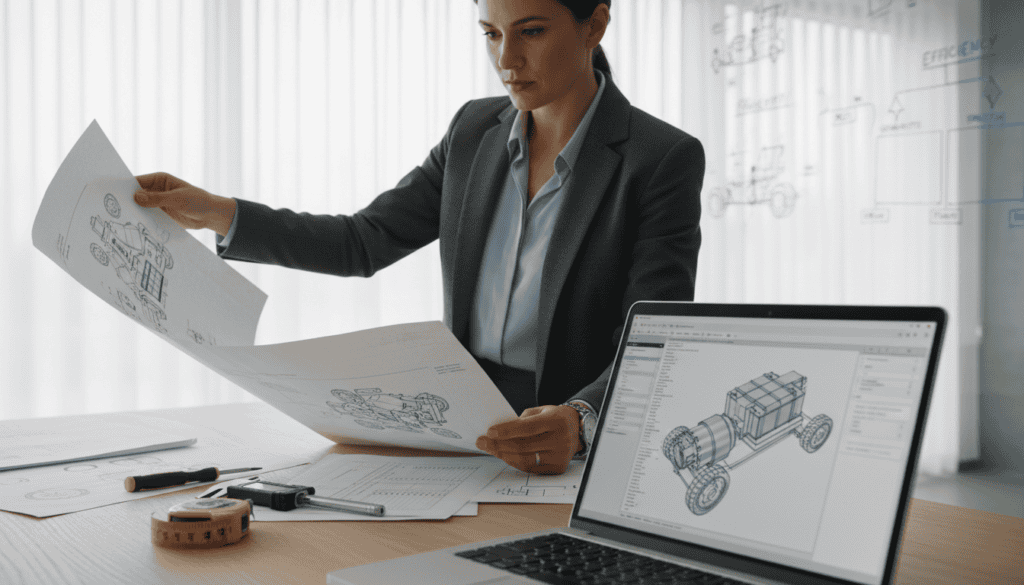 A close-up scene in a modern, well-lit office environment, featuring a professional woman in business attire, reviewing detailed technical documents about a vehicle. In the foreground, a laptop displays intricate diagrams and specifications related to automotive engineering. The middle ground showcases a table cluttered with tools such as a caliper and measuring tape, emphasizing precision and analysis. In the background, a large window lets in soft, natural light, illuminating a whiteboard filled with notes and sketches of vehicle parts. The atmosphere is focused and analytical, reflecting a serious preparation for a technical assessment. The overall color scheme is muted with pops of blue and gray, enhancing a professional ambiance.
