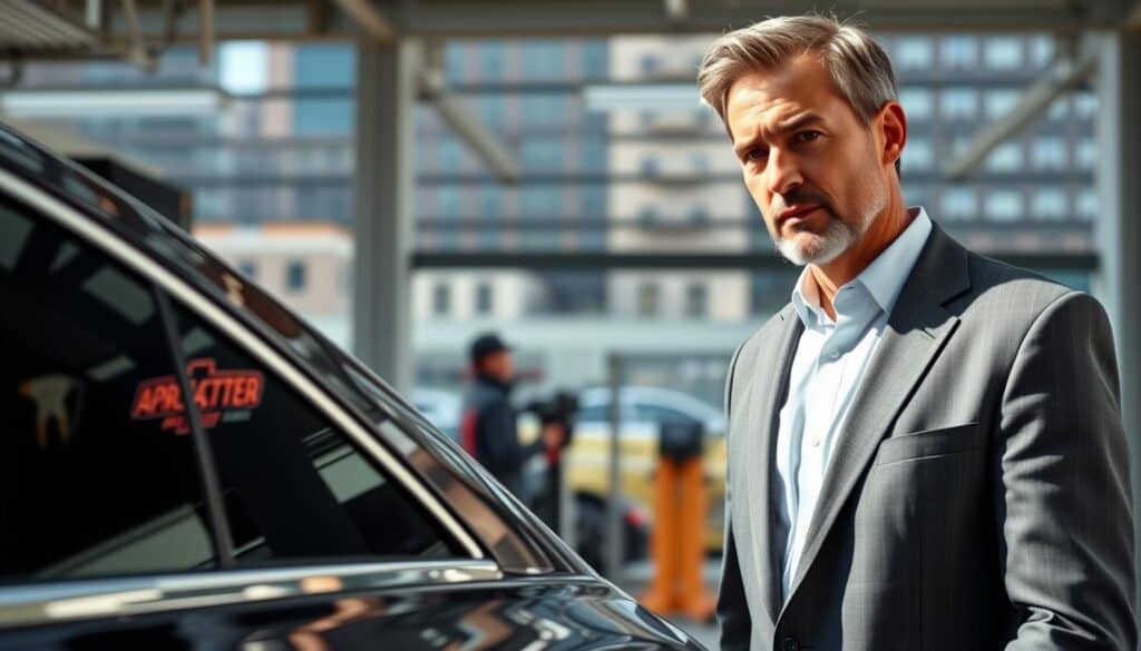A confident car appraiser, a middle-aged professional man in a well-fitted suit, examines a vehicle's exterior under natural daylight. He stands in the foreground, focusing on a sleek, modern car with clear reflections, showcasing its paintwork quality. The middle ground features a stylish urban garage with tools visible, hinting at the appraisal process. In the background, a blurred view of city buildings adds depth while maintaining a clear focus on the appraiser and the car. The lighting is bright and even, emphasizing the professionalism of the scene. The mood is serious yet approachable, evoking trust and expertise in vehicle valuation, reflecting credibility and integrity in assessments.