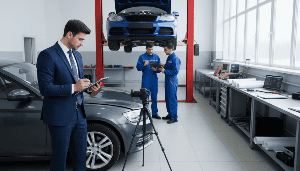 A detailed automotive expert evaluation scene in a bright, well-lit workshop. In the foreground, a professional in a smart business attire examines a car with a clipboard, focusing intently on a damaged area. In the middle, a lift elevates another vehicle, showing technicians with tools discussing technical aspects. The background features various automotive diagnostic tools, schematics, and paperwork on a counter, creating an atmosphere of analytical rigor and professionalism. The lighting is bright and evenly distributed, enhancing the details of the vehicles and tools. The angle is slightly tilted to convey depth, emphasizing the technical environment and the gravity of vehicle expertise analysis. The mood is serious and focused, reflecting the importance of legal perspectives in automotive assessments.