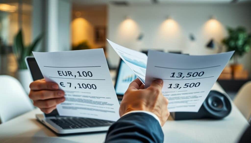 A detailed comparison scene of two insurance valuation scenarios. In the foreground, a professional astutely reviewing two documents, labeled "EUR 7,100" and "EUR 13,500", highlighting key differences. The middle ground features a sleek desk with a laptop displaying graphs and charts related to insurance pricing. In the background, a soft-focus office environment with modern styling and warm lighting emphasizes a corporate atmosphere. Use a slight perspective angle to add depth, making the viewer feel engaged in the analysis. Soft shadows create a calm yet focused mood, suitable for a professional setting, conveying a sense of importance and attention to detail. No text or branding elements present, ensuring clarity of the visual narrative.