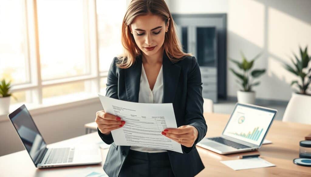A detailed illustration capturing the essence of the insurance valuation process for "Ubezpieczyciel 4 700 EUR." In the foreground, a professional-looking woman in business attire is examining a document, displaying focused expression, symbolizing diligence and expertise. The middle ground features a modern office desk cluttered with financial charts and an open laptop displaying a digital valuation tool. In the background, a sleek, contemporary office with large windows allows soft natural light to flood the space, casting gentle shadows. The atmosphere is professional yet inviting, exuding a sense of trust and reliability. Use a warm color palette with bright accents, shot with a shallow depth of field to emphasize the subject while slightly blurring the background.
