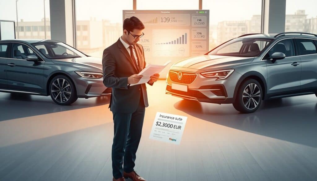 A detailed illustration focusing on car insurance evaluation, featuring two distinct cars side by side: a sleek luxury sedan representing the higher valuation of 12,000 EUR, and a practical family car symbolizing the lower estimate of 5,300 EUR. In the foreground, a professional insurance agent in business attire analyzes paperwork, highlighting the key differences in car values. The middle ground showcases a digital display with various insurance metrics and charts, emphasizing financial aspects. The background represents an office setting with a modern ambiance, bathed in soft, natural lighting. The mood is focused and analytical, capturing the essence of a professional discussion regarding car valuations.