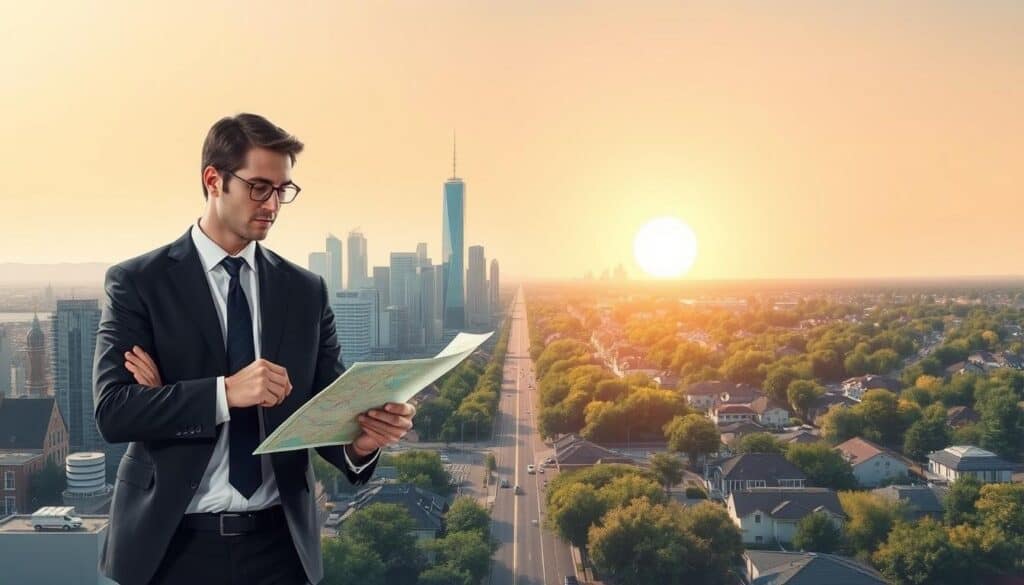 A detailed illustration of a cityscape divided into two contrasting segments representing different locations and their impact on insurance valuations. In the foreground, a professional businessperson in smart attire examines a map, looking contemplative. In the middle, a city skyline transitions from a bustling urban area with high-rise buildings and street traffic on one side to a tranquil suburban neighborhood with tree-lined streets and houses on the other. The background features a gradient sky transitioning from a bright sunny day on the urban side to a soft sunset glow on the suburban side. The scene should convey a sense of analysis and reflection, with soft lighting emphasizing the distinction between the two environments. The overall mood is informative and engaging, inviting viewers to contemplate the importance of location in valuation.