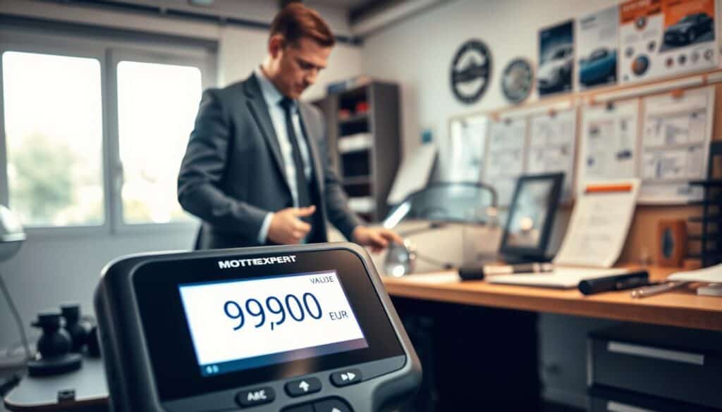 A detailed image of a professional vehicle appraisal setting, featuring a MOTOEXPERT device prominently displayed in the foreground. The MOTOEXPERT appears sleek and modern, with an illuminated screen showing a value of 9,900 EUR. In the middle ground, a certified appraiser dressed in a tailored suit examines a classic car under soft, natural lighting streaming through a nearby window. The background reveals a clean, organized office space with automotive charts and tools neatly arranged on a desk. The overall atmosphere is one of professionalism and expertise, evoking a sense of trust and thorough analysis. The angle captures both the device and the appraisal activity, inviting viewers to appreciate the workings of vehicle valuation.