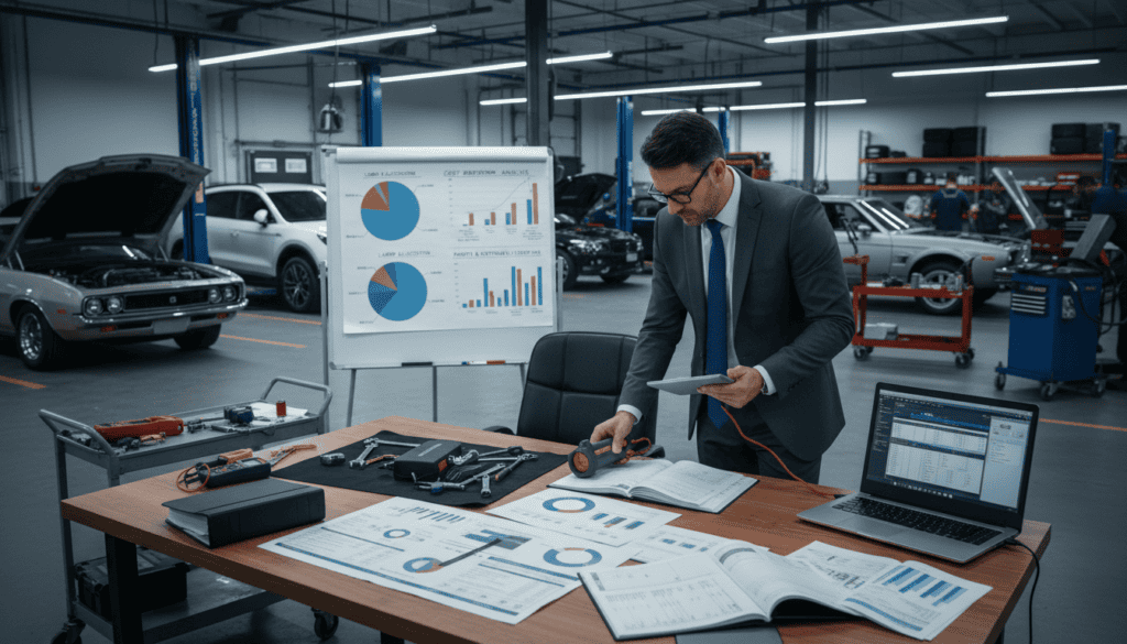 A detailed scene depicting the costs associated with technical vehicle expertise. In the foreground, a professional consultant in business attire examines a vehicle's engine under bright LED lighting, showcasing tools and technical documents scattered around. In the middle ground, a large table is covered with charts, invoices, and a laptop displaying diagnostic software, emphasizing analytical work. In the background, a workshop setting with various vehicles and technical equipment, giving context to the environment. The mood is focused and serious, conveying the importance of accurate assessment and financial implications. The camera angle is slightly elevated, capturing an overview of the workspace, with a soft focus on the background to highlight the intense activity.