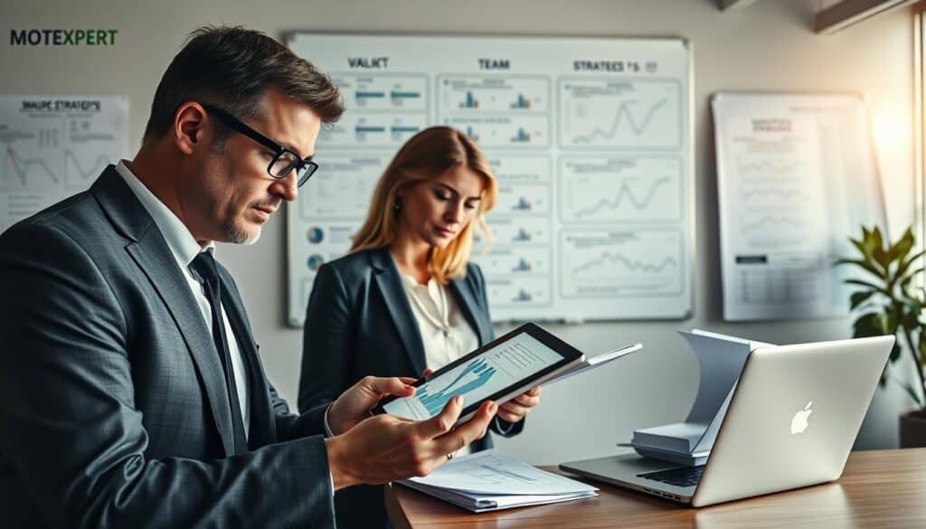 A detailed scene depicting the valuation process at MOTOEXPERT, showcasing professionals in smart business attire engaged in analysis. In the foreground, a focused male evaluator, wearing glasses, examines a digital tablet displaying graphs and figures. Beside him, a female colleague takes notes, with her laptop open and paperwork neatly organized. The middle ground features a modern office environment, with a large window revealing a bright, sunny day outside, enhancing the mood of productivity and professionalism. The background includes a large whiteboard filled with complex valuation charts and team strategies. Soft, natural lighting illuminates the space, emulating a calm and collaborative atmosphere, captured from a slightly elevated angle to give depth to the scene. A detailed scene depicting the valuation process at MOTOEXPERT, showcasing professionals in smart business attire engaged in analysis. In the foreground, a focused male evaluator, wearing glasses, examines a digital tablet displaying graphs and figures. Beside him, a female colleague takes notes, with her laptop open and paperwork neatly organized. The middle ground features a modern office environment, with a large window revealing a bright, sunny day outside, enhancing the mood of productivity and professionalism. The background includes a large whiteboard filled with complex valuation charts and team strategies. Soft, natural lighting illuminates the space, emulating a calm and collaborative atmosphere, captured from a slightly elevated angle to give depth to the scene.